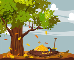 Treasure pile under oak tree, full of treasures, gold coins, Digging Hole in the ground, © hadeev