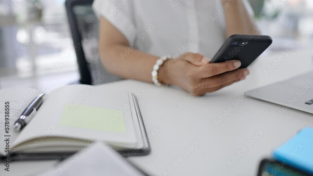 Poster hands, business woman and search on smartphone for web app, planning or internet data. closeup worke