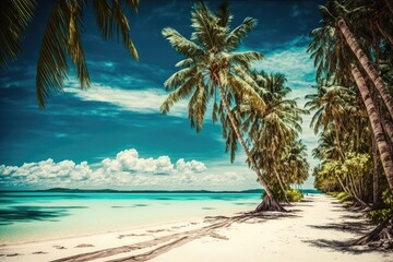 Obraz premium Background idea of a tropical paradise beach with white sand and coconut palms for travelers and tourists. Generative AI