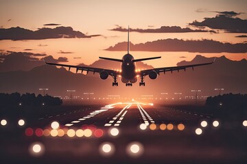 Airplane landing at dawn. Photo generative AI