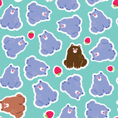 Seamless Pattern with Cartoon Bear Characters and Strawberry on Pastel Green Background