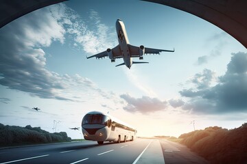 Plane soaring above highway. Photo generative AI