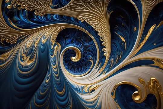 Swirling pattern of blue and gold, like marbling. The texture is like liquid gold marble. Generative AI