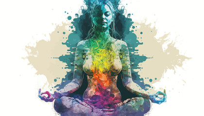 Fototapeta na wymiar Yogi woman meditating with legs crossed concentrated, Chakras energy visualization in vivid watercolor style vector. 