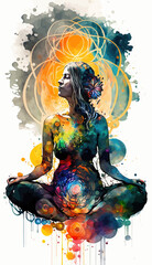 Yogi woman meditating with legs crossed concentrated, Chakras energy visualization in vivid watercolor style vector.
