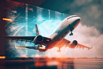 Fototapeta na wymiar Dual Exposure Concepts of Plane and Flight info Screens. Photo generative AI