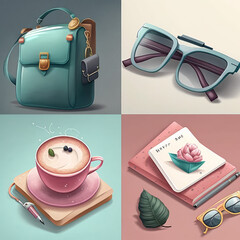 bag, cap, glasses, notepad, fashion