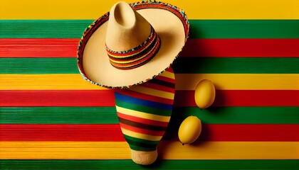 Contemporary minimalist mexican Cinco de Mayo festival setting with a warm yellow background. Style of flat layout. Generative AI. Modern mexico fiesta background with sombrero, maracas, and guitar