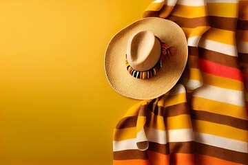 Minimalist modern mexican Cinco de Mayo holiday background,  warm yellow background top view. Flat layout style, generative ai, Minimalist modern mexico  fiesta background with hat, maracas, guitar