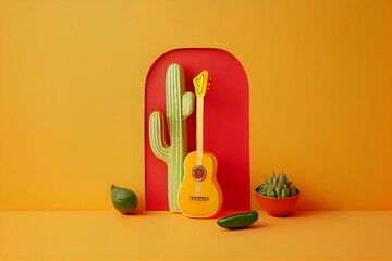 Minimalist modern mexican Cinco de Mayo holiday background,  warm yellow background top view. Flat layout style, generative ai, Minimalist modern mexico  fiesta background with hat, maracas, guitar
