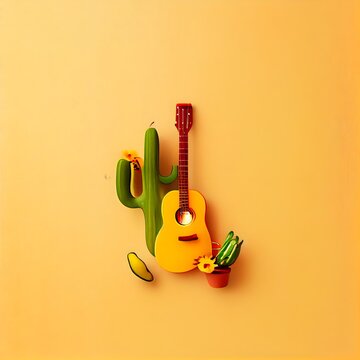 ミニマリストのモダンなメキシコのシンコ・デ・マヨの休日の背景、暖かい黄色の背景のトップビュー。 フラット レイアウト スタイル、 generative ai、ミニマリストのモダンなメキシコ フィエスタの背景に帽子、マラカス、ギター