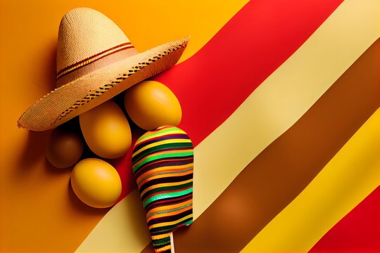 ミニマリストのモダンなメキシコのシンコ・デ・マヨの休日の背景、暖かい黄色の背景のトップビュー。 フラット レイアウト スタイル、 generative ai、ミニマリストのモダンなメキシコ フィエスタの背景に帽子、マラカス、ギター