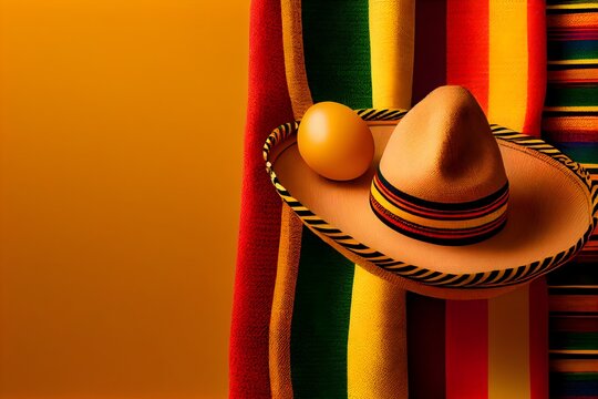 ミニマリストのモダンなメキシコのシンコ・デ・マヨの休日の背景、暖かい黄色の背景のトップビュー。 フラット レイアウト スタイル、 generative ai、ミニマリストのモダンなメキシコ フィエスタの背景に帽子、マラカス、ギター