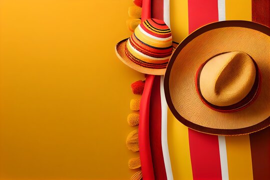 Minimalist modern mexican Cinco de Mayo holiday background,  warm yellow background top view. Flat layout style, generative ai, Minimalist modern mexico  fiesta background with hat, maracas, guitar