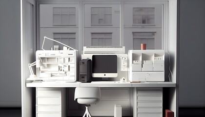 interior of a white room with a chair, window display, computer typewriter, generative ai, desk and chair , copier