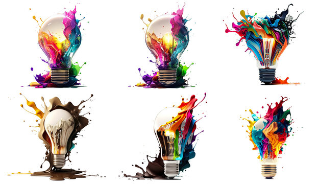 Light Bulb Collection - Different Colorful Splash Explosions Isolated On White Background - Generative AI