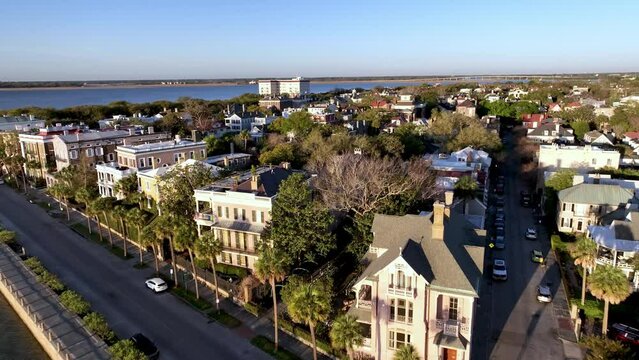 charleston sc, south carolina aerial fast push over homes along the battery