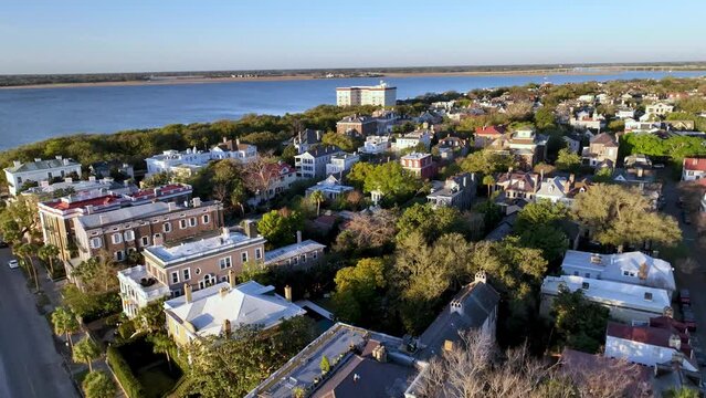 charleston sc, south carolina aerial pullout over antebellum homes along the battery