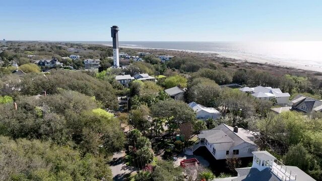 aerial slow push in sullivan's island lighthouse near charleston sc, south carolina