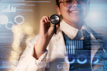 Doctor, woman and smile with holographic medical overlay with stethoscope portrait, night and healthcare check. Young medic, 3d hologram and chart for data analysis, helping hand and happy in clinic