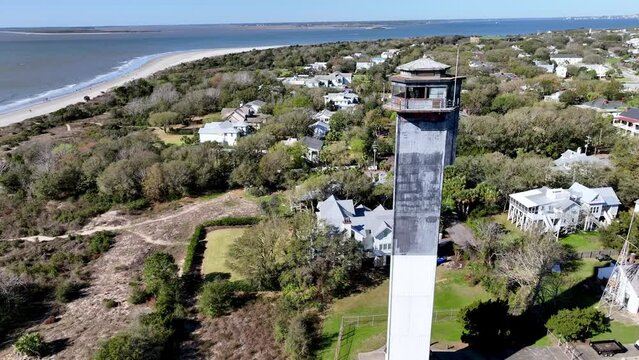 aerial orbit of sullivan's island lighthouse near charleston sc, south carolina