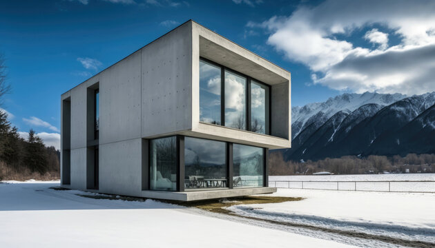 Fototapeta Modern Scandinavian style concrete and glass house design on a mountain landscape. Generative AI