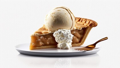 Fototapeta premium A warm Slice of Apple Pie with a Scoop of Vanilla Ice Cream on White Background with copy space for your text created with generative AI technology