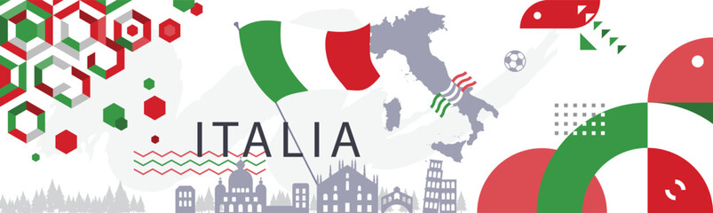 Italia banner design. Italia flag with geometric abstract design with green and red color. Background with Italy landmark element. Suitable for Italia National day banner background
 - obrazy, fototapety, plakaty