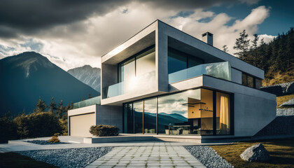 Modern Scandinavian style concrete and glass house design on a mountain slope. Generative AI