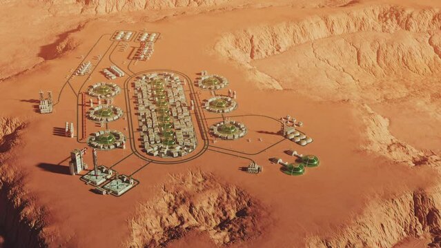 a scientific research settlement on the planet Mars. Large base and living modules among the Martian landscape view from high altitude.