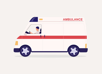 One Male Driver Driving Ambulance Van. Full Length. Flat Design Style, Character, Cartoon.