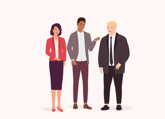 Three Business Person With Man And Woman In Different Ethnic Having A Meeting. Full Length. Flat Design Style, Character, Cartoon.