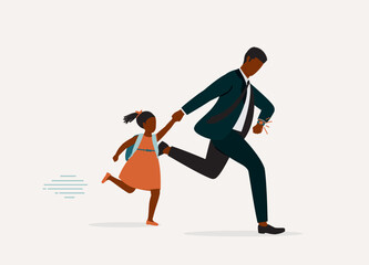One Black Father Running Late For Bringing His Daughter To School While Checking The Time On His Watch. Full Length. Flat Design Style, Character, Cartoon.