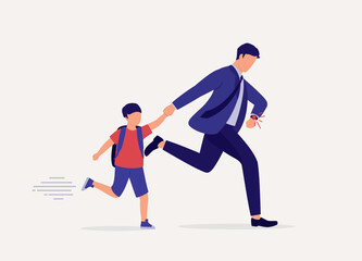Obraz premium One Father Running Late For Bringing His Son To School While Checking The Time On His Watch. Full Length. Flat Design Style, Character, Cartoon.