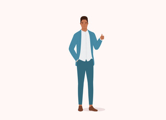 One Smiling Black Businessman With One Thumbs Up Hand Gesture. Full Length. Flat Design Style, Character, Cartoon.