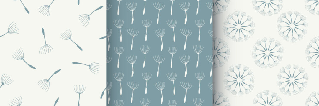 Set of 3 floral seamless vintage pattern with blow ball dandelion seeds. Blue and white colors. Can be used for textile, wallpapers, gift wrap paper. Isolated vector.