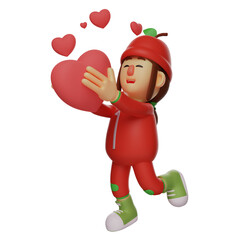 Plakat 3D Cartoon Fruit Girl design beautiful beautiful holding red heart, 3D cartoon fruit girl with very beautiful face with cheerful expression, 3D fruit girl character with heart shape