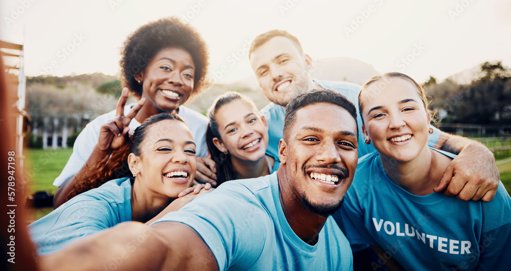 Poster Portrait, smile and volunteer group selfie outdoors for climate change, charity cleaning and recycling. Earth day, community service and happy people laughing and taking photo with peace sign at park