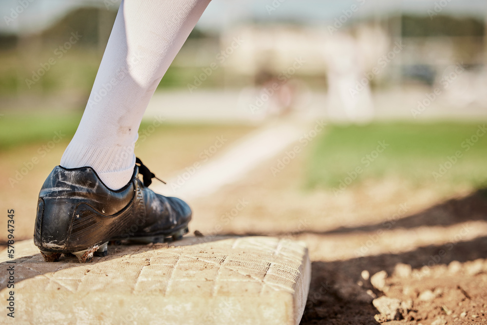 Poster Sports, baseball and plate with shoe of man on field for training, fitness or home run practice. Workout, games and pitching with athlete playing at park stadium event for tournament, match or action