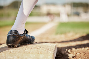 Sports, baseball and plate with shoe of man on field for training, fitness or home run practice....