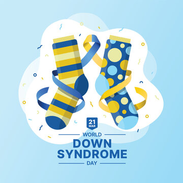 World Down Syndrome Day - Blue yellow ribbon roll around on lots of socks and ribbon firework around vector design