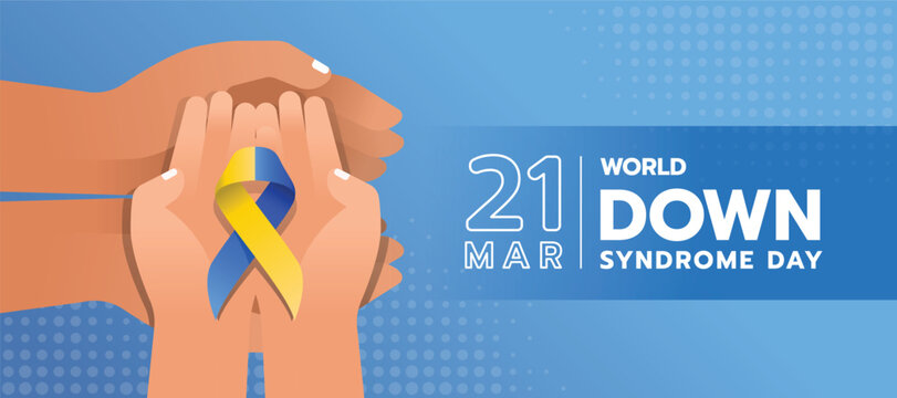 World Down Syndrome Day - Ault hand and child hands hold blue and yellow ribbon on blue background vector design