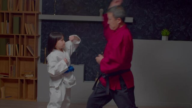 Determined cute preadolescent Asian taekwondo girl student in uniform with senior male martial arts master working out different types of blocking techniques, training defensive skills indoors.