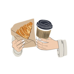 Hand holing Hot coffee and croissant People with food Hand drawn colour Illustration