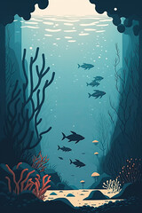 Fototapeta na wymiar Underwater - Minimalistic flat design landscape illustration. Image for a wallpaper, background, postcard or poster. Generative AI