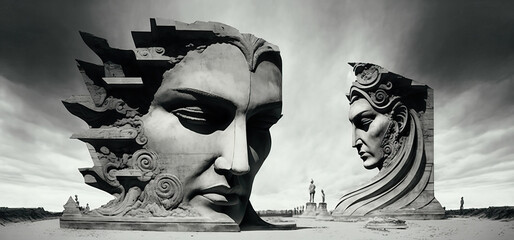 Ancient eroded marble deity heads, monolithic ruined monument, Greek inspired high relief face, expressive emotion of anger and sadness, forgotten gods, worship temples buried in sand - generative AI.