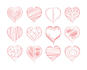 Heart. A large set of hearts drawn by hand. Stylized hearts in doodle style. Romantic hearts. Vector illustration
