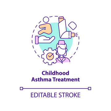 Childhood asthma treatment concept icon. Pediatric home health care abstract idea thin line illustration. Isolated outline drawing. Editable stroke. Arial, Myriad Pro-Bold fonts used