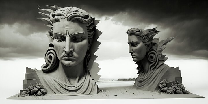 Ancient eroded marble deity heads, monolithic ruined monument, Greek inspired high relief face, expressive emotion of anger and sadness, forgotten gods, worship temples buried in sand - generative AI.