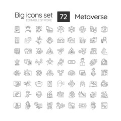 Metaverse linear icons set. Technology of virtual reality. Machine learning algorithm. Computer generated models. Customizable thin line symbols. Isolated vector outline illustrations. Editable stroke
